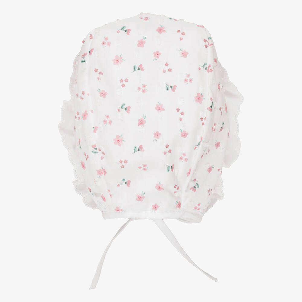 Laranjinha-Baby Girls White Cotton Bonnet with Floral Print | Childrensalon