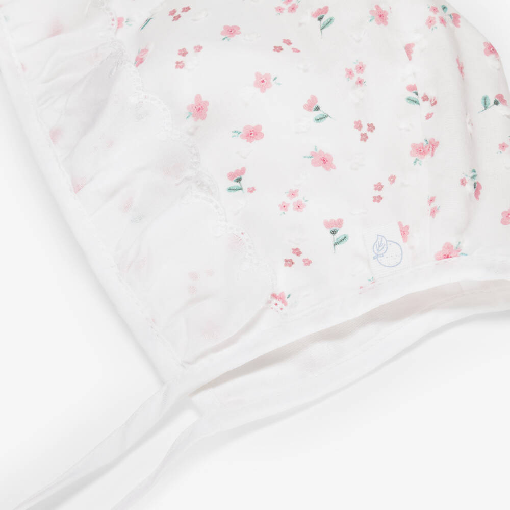 Laranjinha-Baby Girls White Cotton Bonnet with Floral Print | Childrensalon