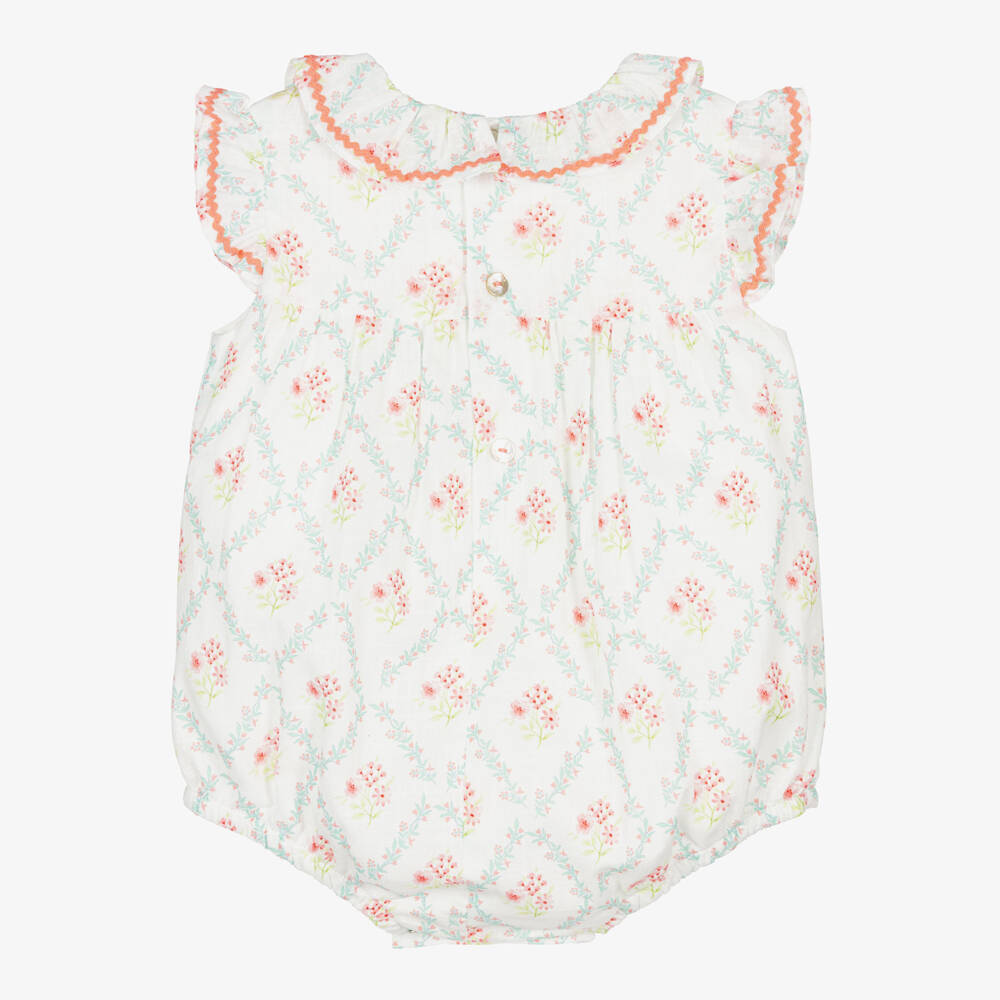 Laranjinha-Baby Girls White Cotton Floral Print Shortie | Childrensalon