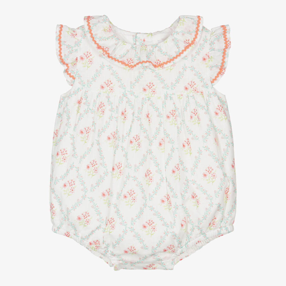 Laranjinha-Baby Girls White Cotton Floral Print Shortie | Childrensalon
