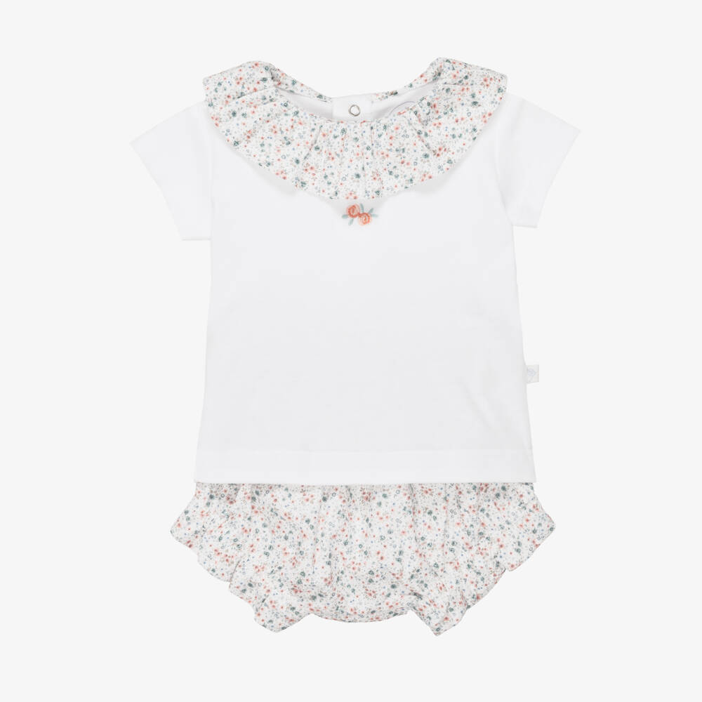 Laranjinha-Baby Girls White Floral Print Cotton Shorts Set | Childrensalon