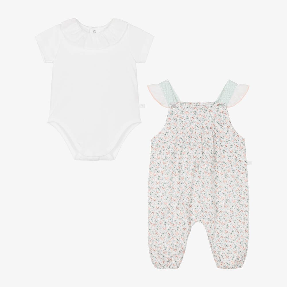 Laranjinha-Baby Girls White Floral Print Dungaree Set | Childrensalon