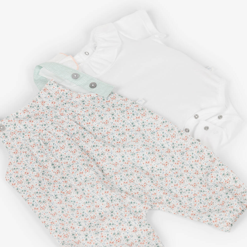 Laranjinha-Baby Girls White Floral Print Dungaree Set | Childrensalon