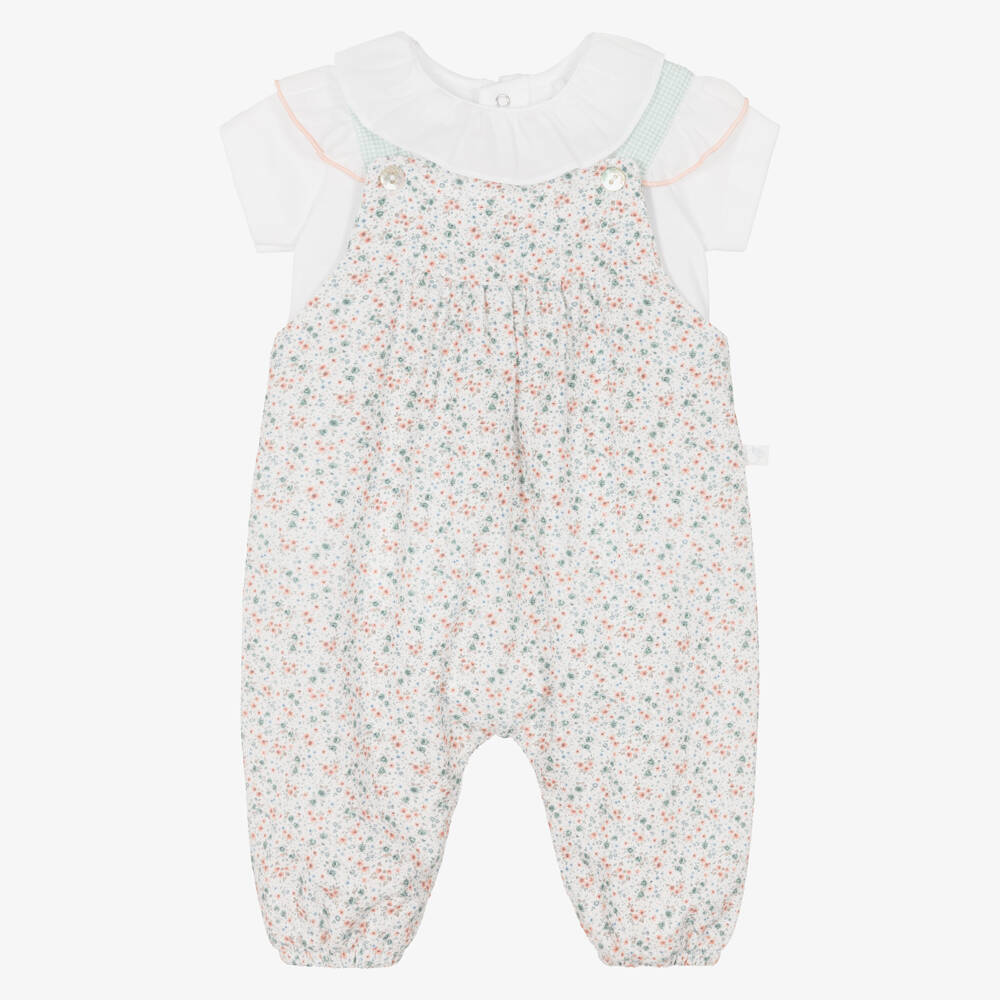 Laranjinha-Baby Girls White Floral Print Dungaree Set | Childrensalon
