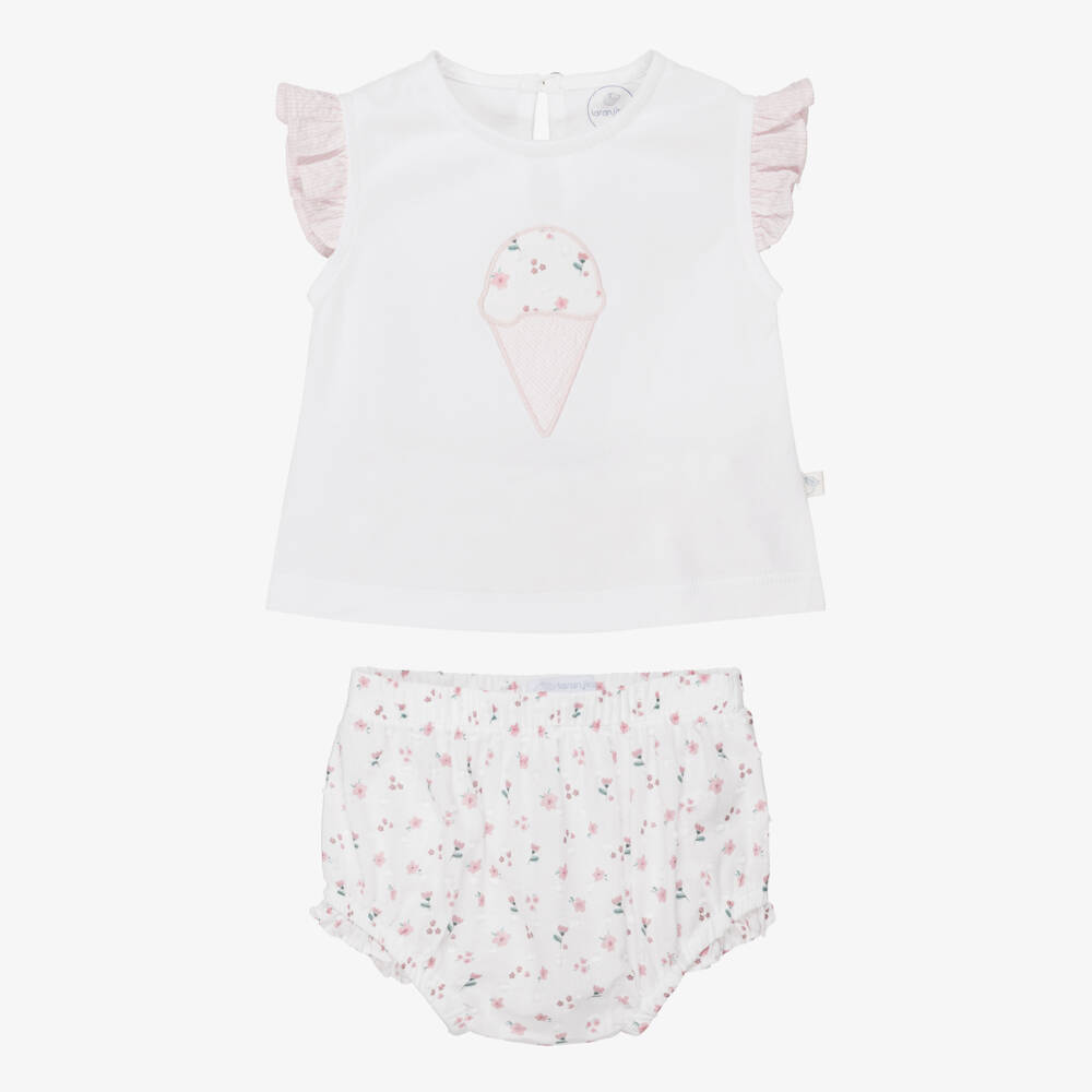 Laranjinha-Baby Girls White & Pink Floral Cotton Shorts Set | Childrensalon