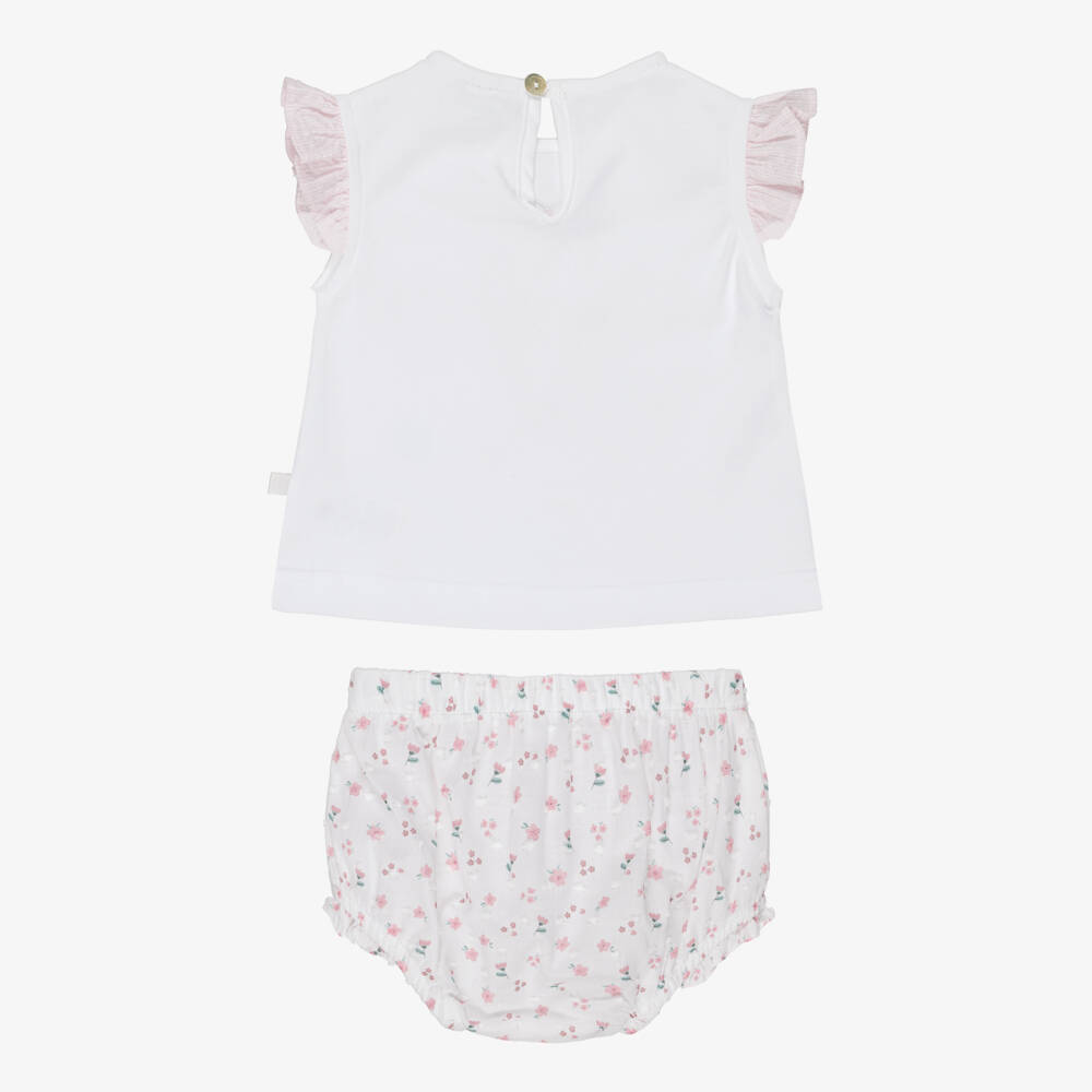 Laranjinha-Baby Girls White & Pink Floral Cotton Shorts Set | Childrensalon