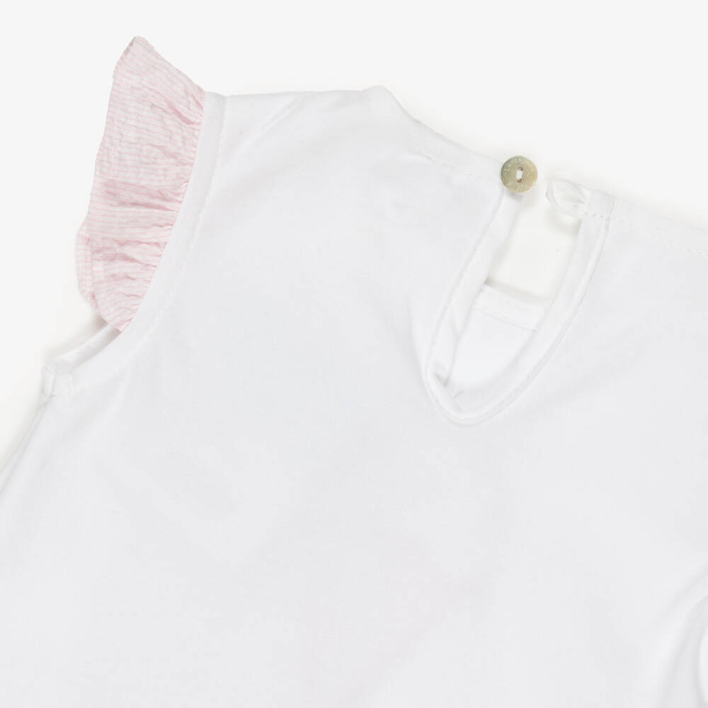 Laranjinha-Baby Girls White & Pink Floral Cotton Shorts Set | Childrensalon