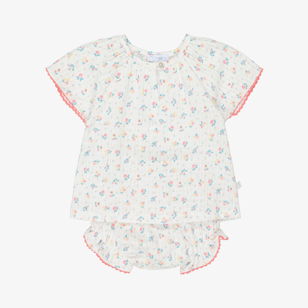 Laranjinha-Baby Girls White & Pink Floral Cotton Shorts Set | Childrensalon