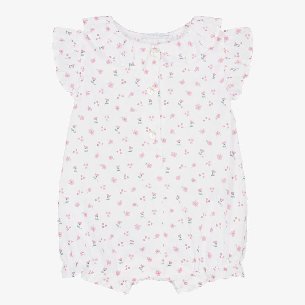 Laranjinha-Baby Girls White & Pink Floral Print Plumeti Cotton Shortie | Childrensalon