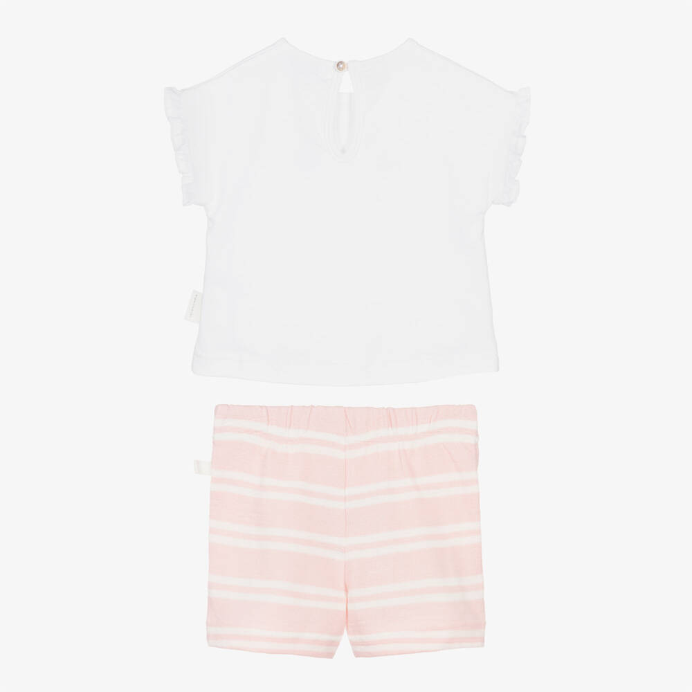 Laranjinha-Baby Girls White & Pink Striped Cotton Shorts Set | Childrensalon