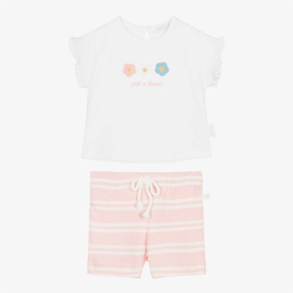 Laranjinha-Baby Girls White & Pink Striped Cotton Shorts Set | Childrensalon