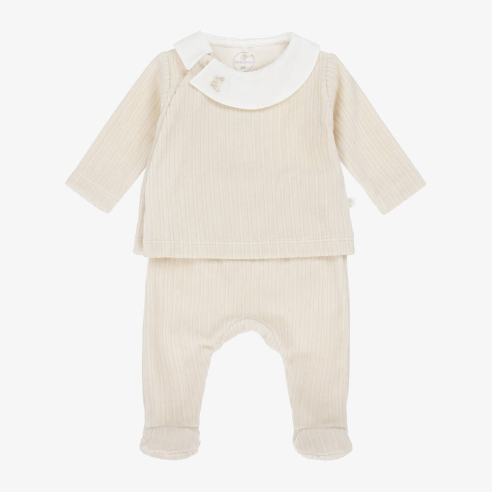 Laranjinha-Beige Ribbed Velour 2 Piece Babygrow | Childrensalon
