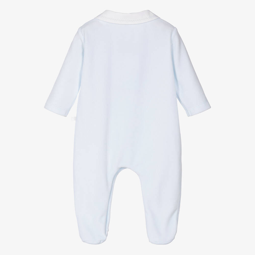 Laranjinha-Blue Velour Babygrow with Stitched Peter Pan Collar | Childrensalon