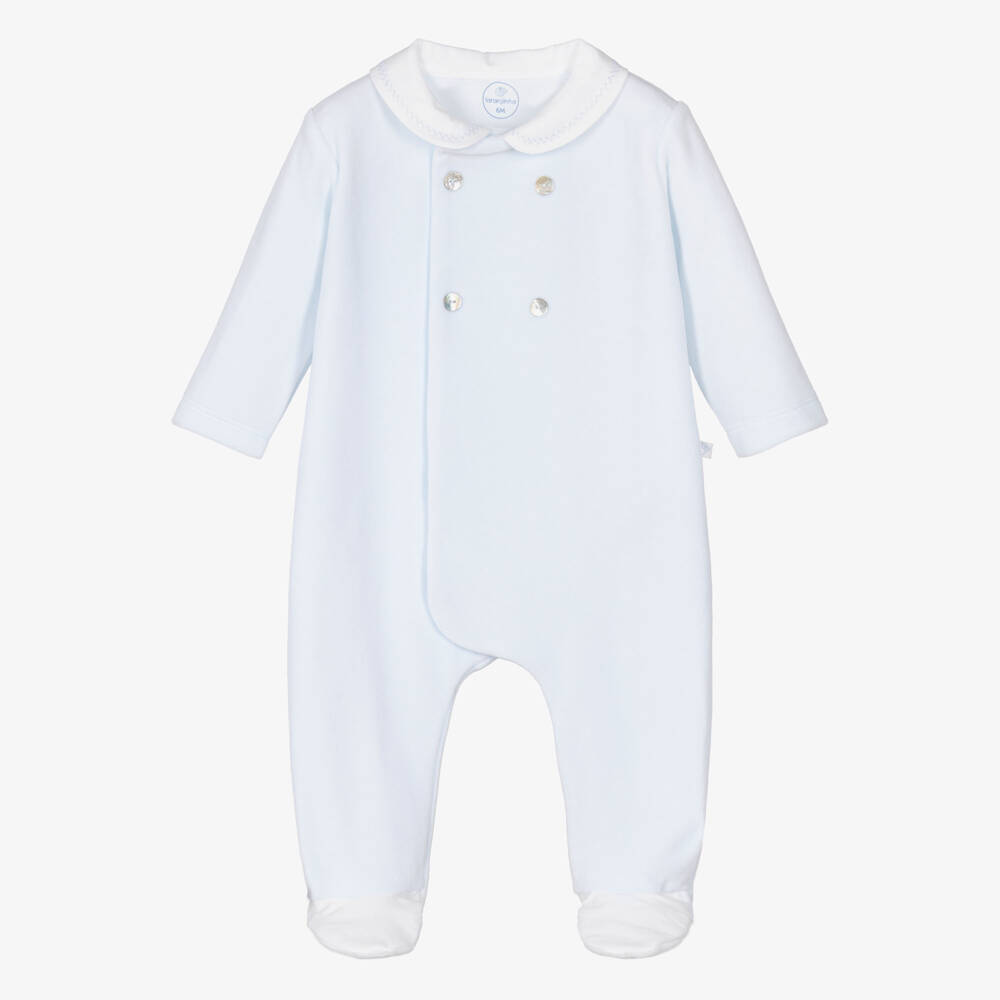 Laranjinha-Blue Velour Babygrow with Stitched Peter Pan Collar | Childrensalon