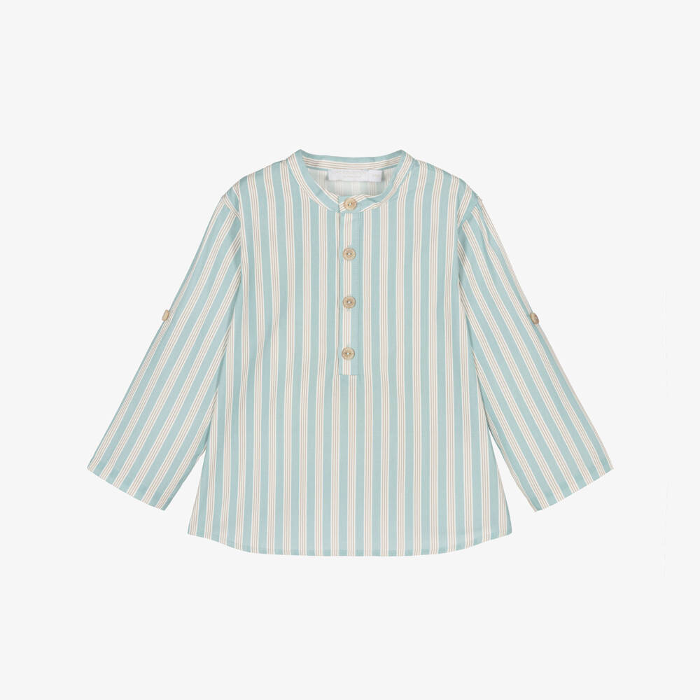 Laranjinha-Boys Aqua Blue Striped Cotton Collarless Shirt | Childrensalon
