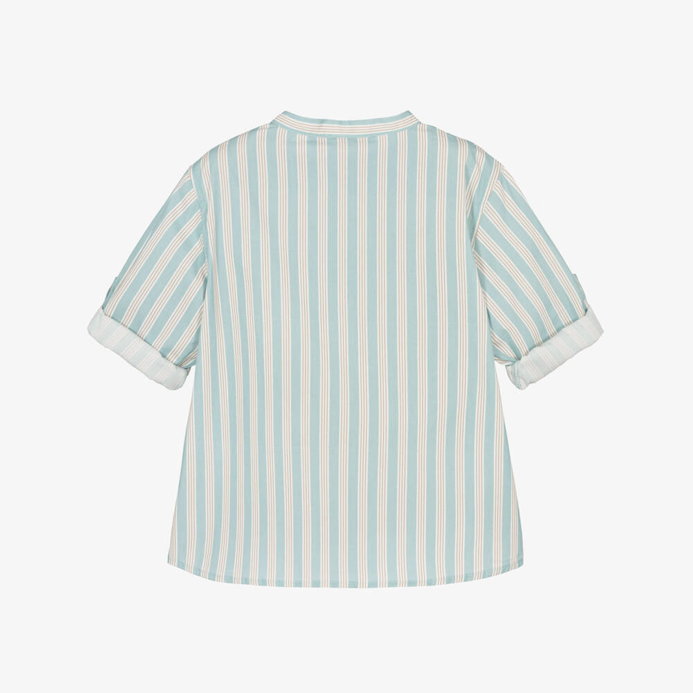 Laranjinha-Boys Aqua Blue Striped Cotton Collarless Shirt | Childrensalon