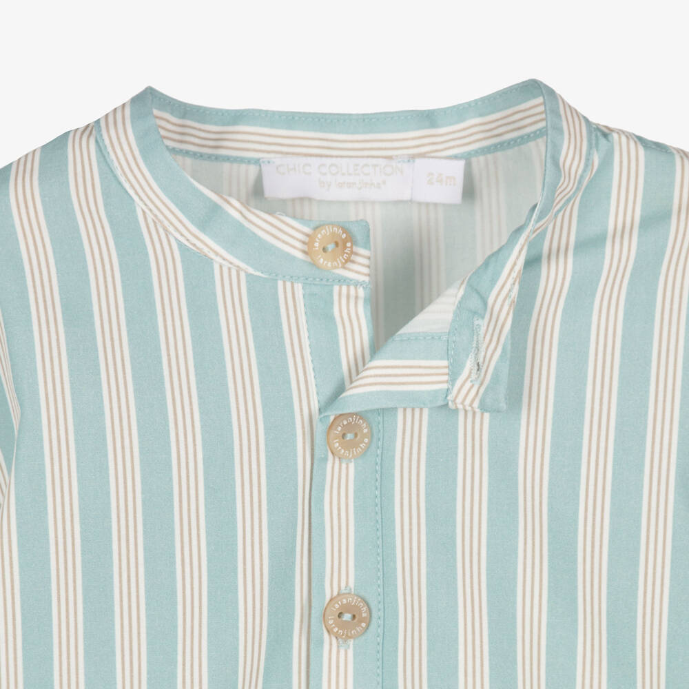 Laranjinha-Boys Aqua Blue Striped Cotton Collarless Shirt | Childrensalon