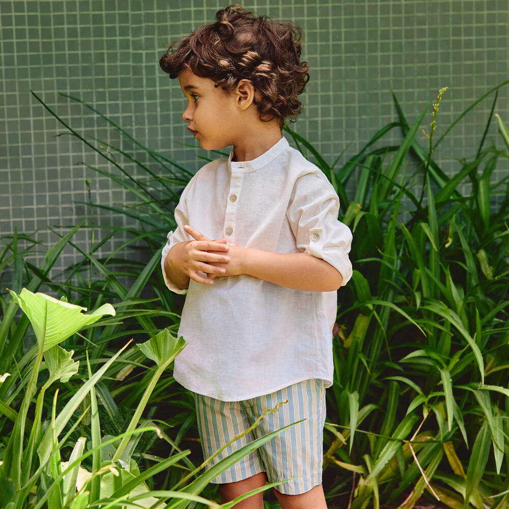 Laranjinha-Boys Aqua Blue Striped Cotton Shorts | Childrensalon