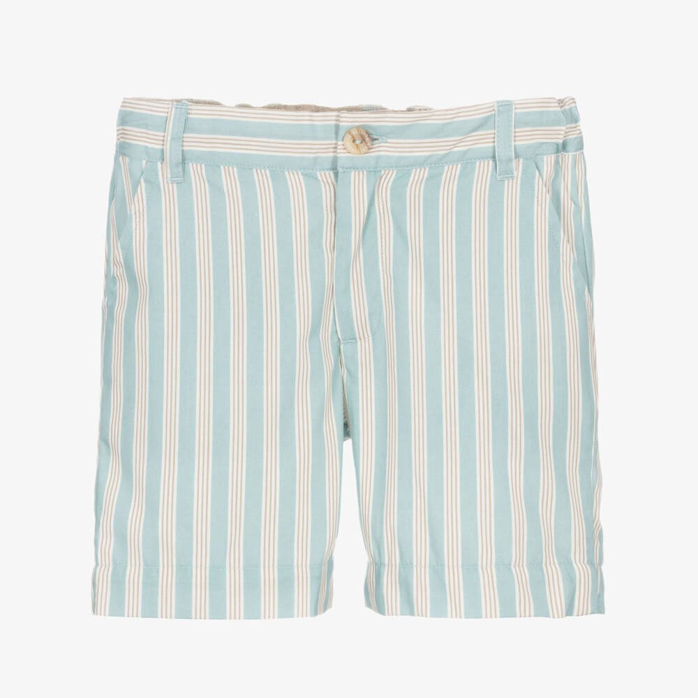 Laranjinha-Boys Aqua Blue Striped Cotton Shorts | Childrensalon