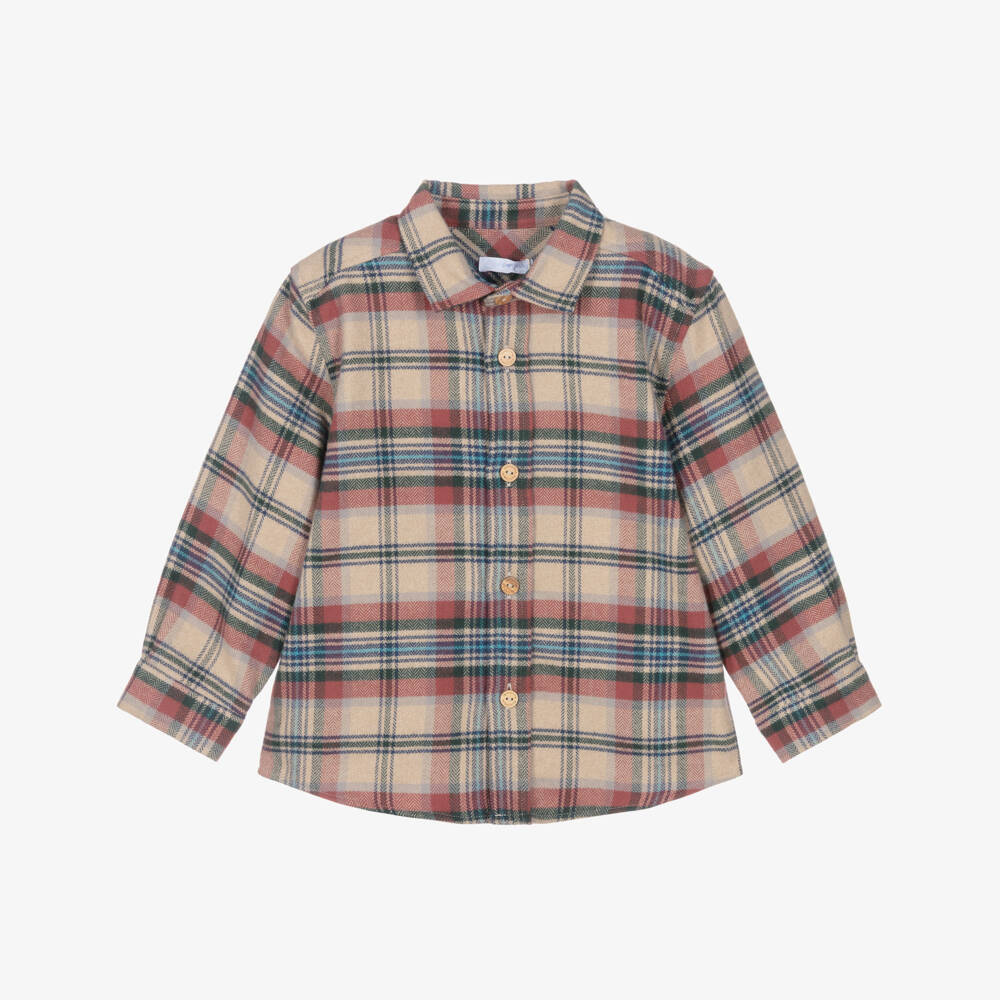Laranjinha-Boys Beige & Red Check Brushed Cotton Shirt | Childrensalon