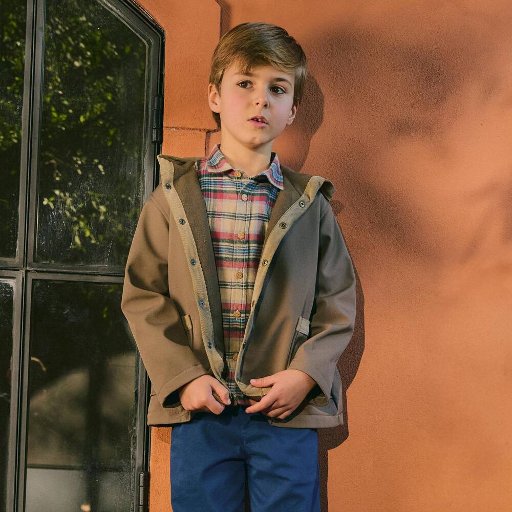 Laranjinha-Boys Beige & Red Check Brushed Cotton Shirt | Childrensalon