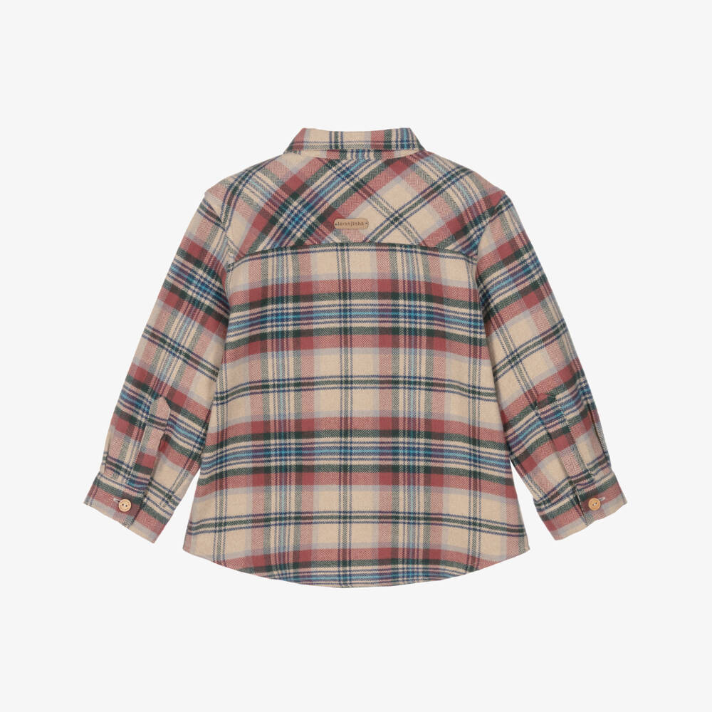 Laranjinha-Boys Beige & Red Check Brushed Cotton Shirt | Childrensalon