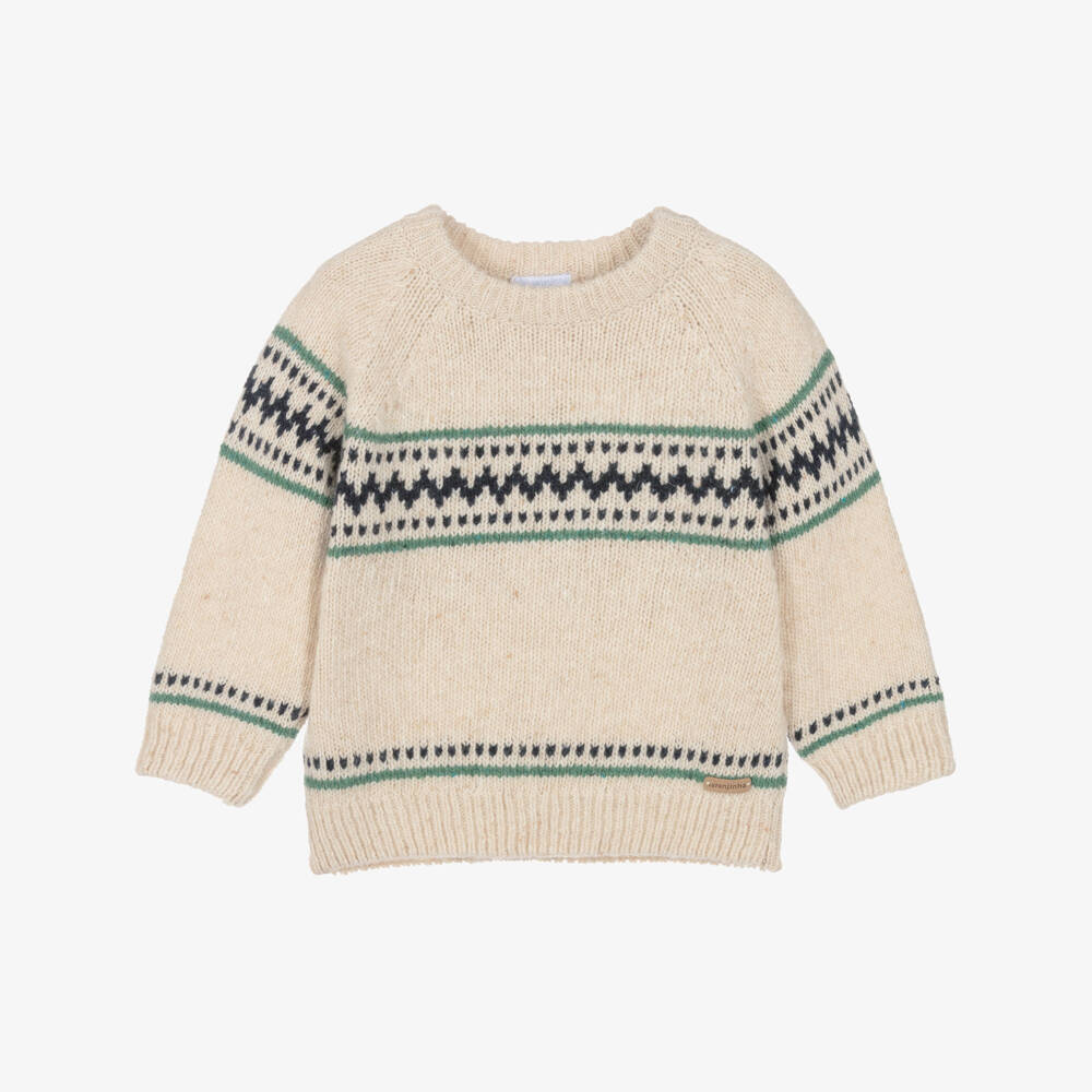 Laranjinha-Boys Beige Wool Knit Fair Isle Sweater  | Childrensalon