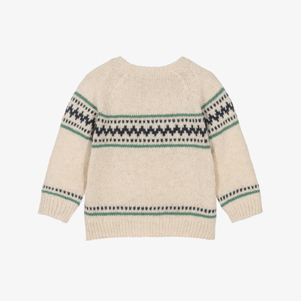 Laranjinha-Boys Beige Wool Knit Fair Isle Sweater | Childrensalon