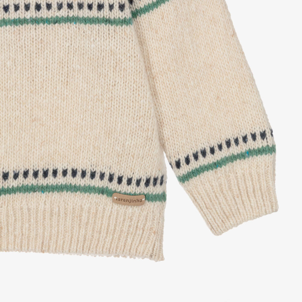 Laranjinha-Boys Beige Wool Knit Fair Isle Sweater | Childrensalon