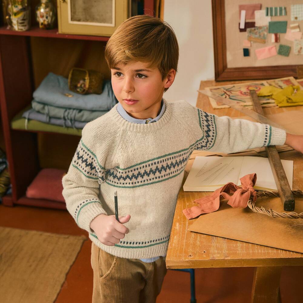 Laranjinha-Boys Beige Wool Knit Fair Isle Sweater | Childrensalon