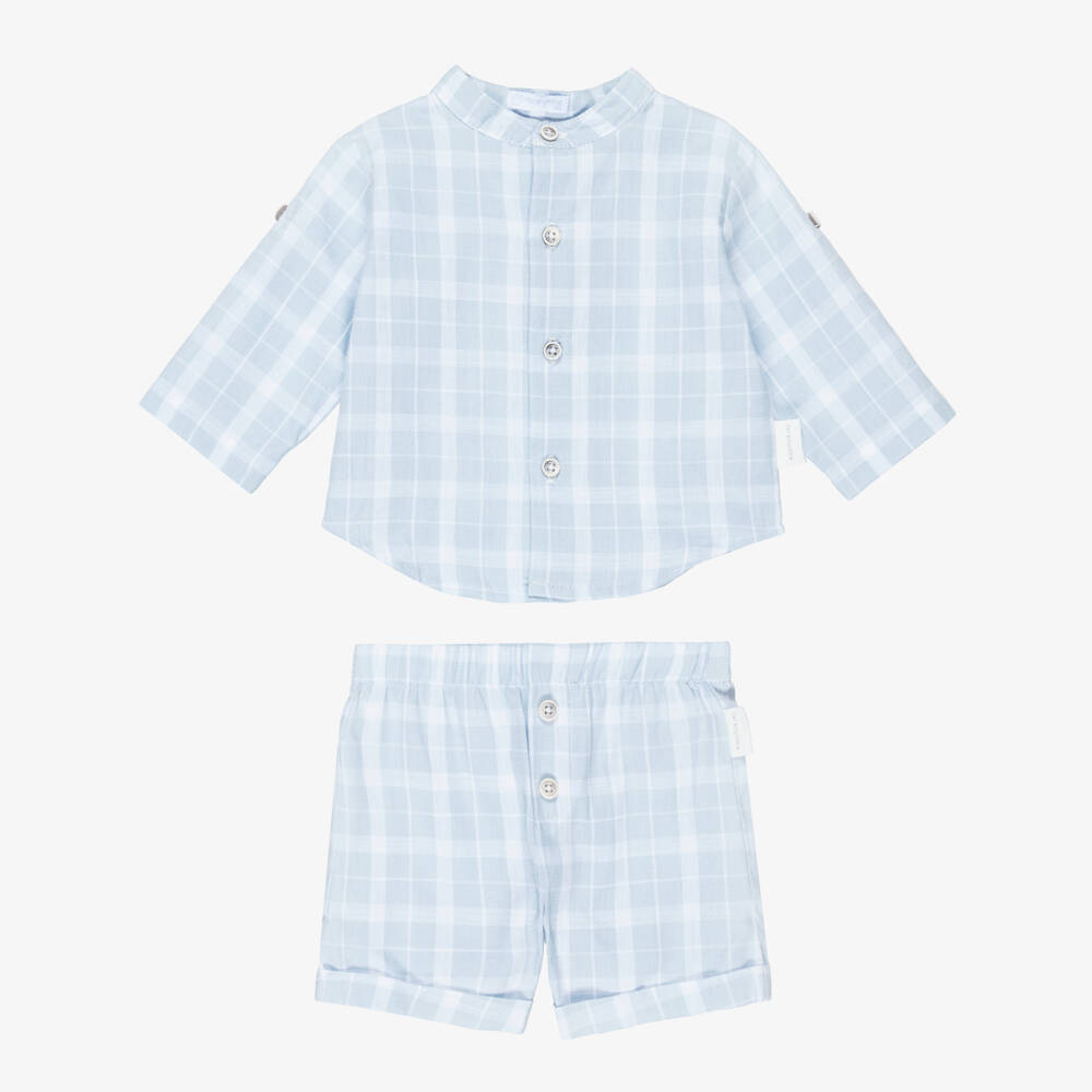 Laranjinha-Boys Blue Check Cotton Shorts Set | Childrensalon
