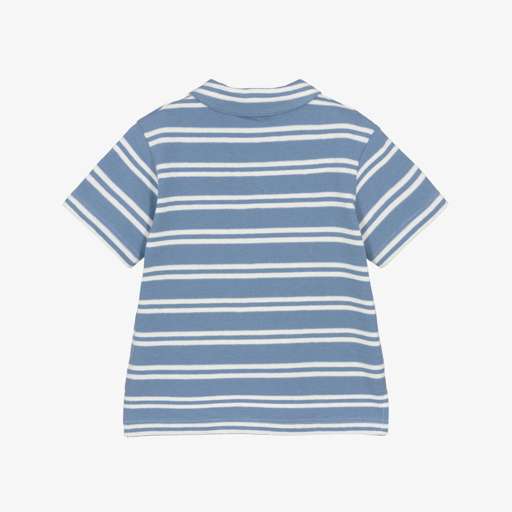 Laranjinha-Boys Blue Cotton Polo Shirt with White Stripes | Childrensalon