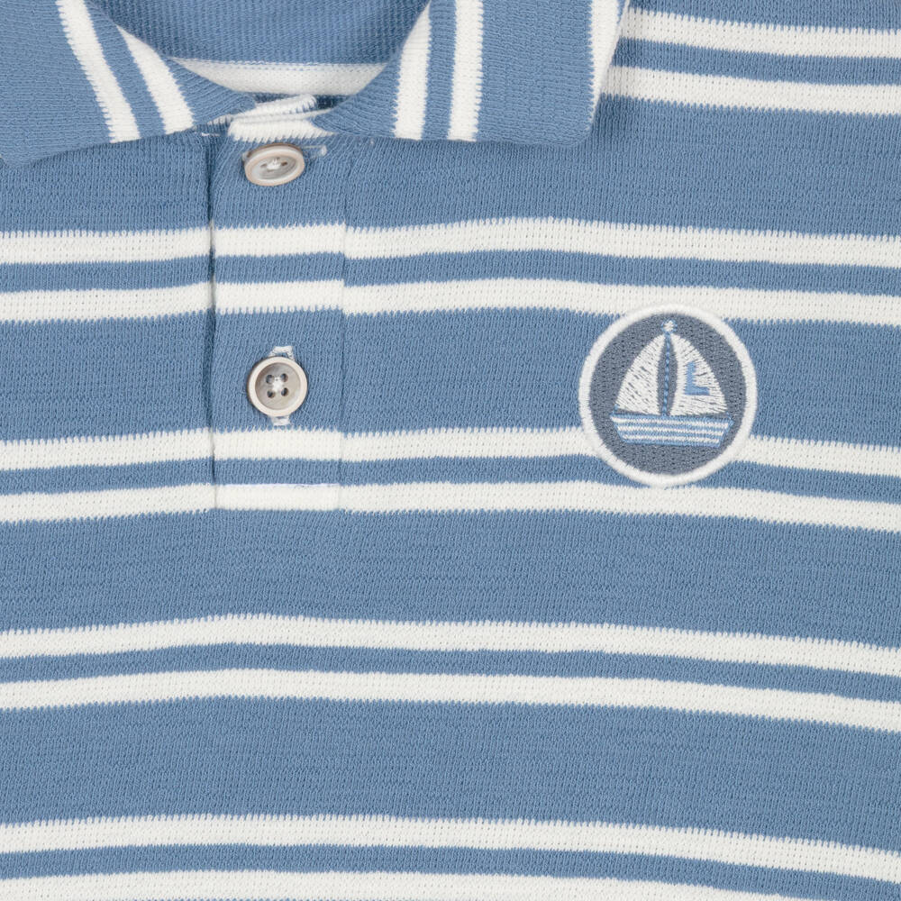 Laranjinha-Boys Blue Cotton Polo Shirt with White Stripes | Childrensalon