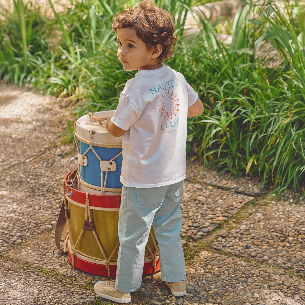 Laranjinha-Boys Blue Cotton Poplin Trousers | Childrensalon