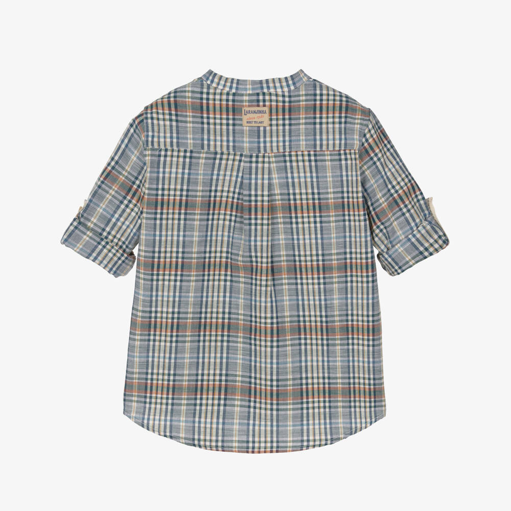 Laranjinha-Boys Blue & Ivory Check Cotton Collarless Shirt | Childrensalon
