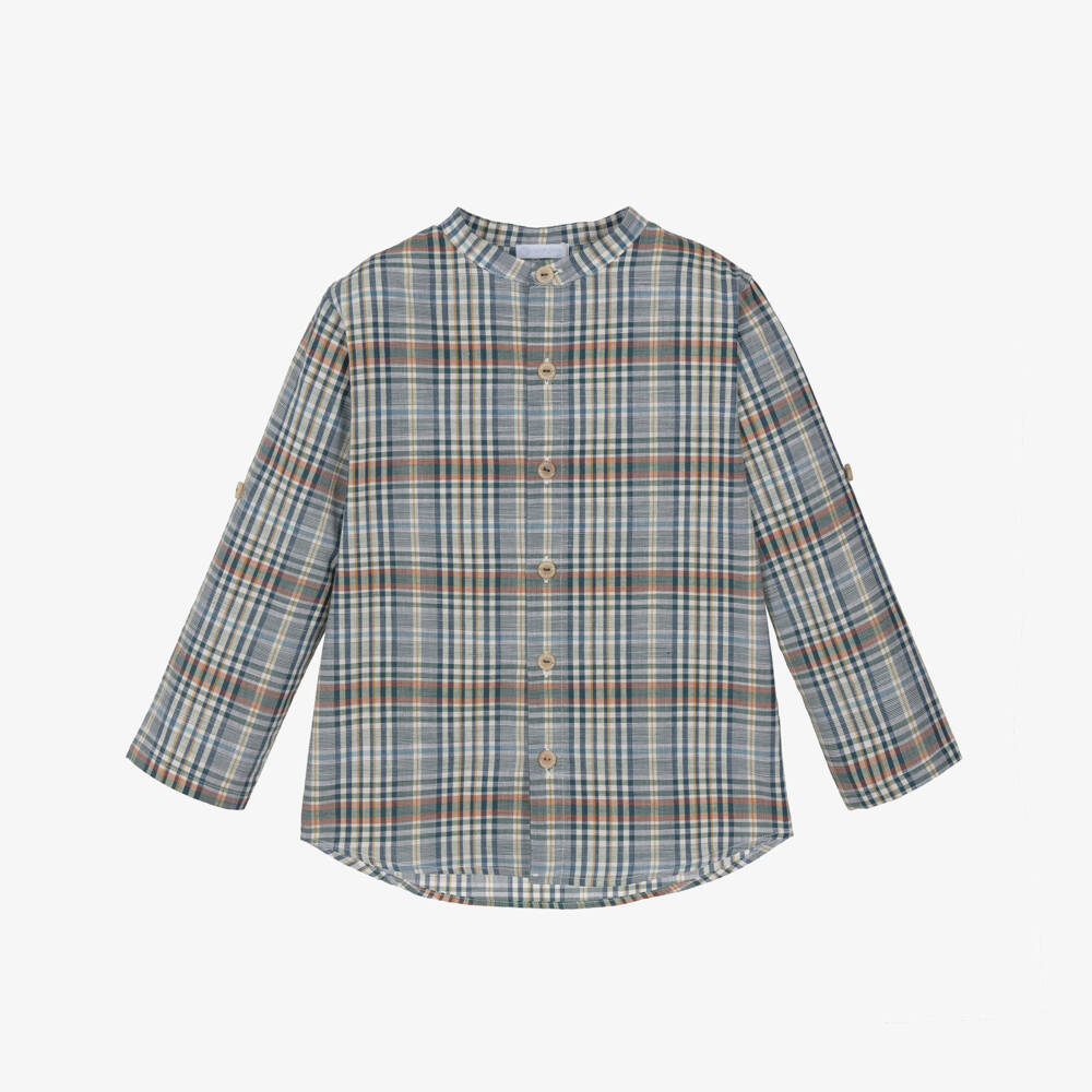 Laranjinha-Boys Blue & Ivory Check Cotton Collarless Shirt | Childrensalon