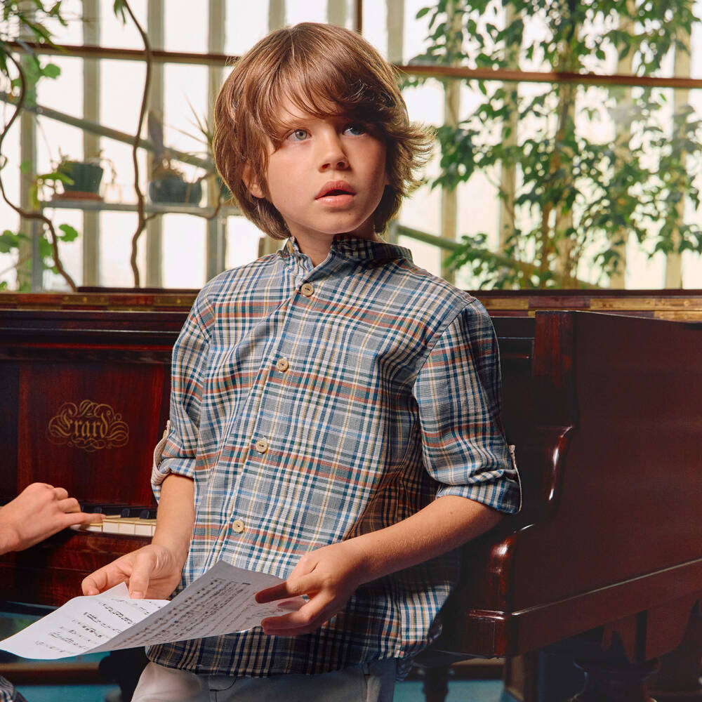 Laranjinha-Boys Blue & Ivory Check Cotton Collarless Shirt | Childrensalon