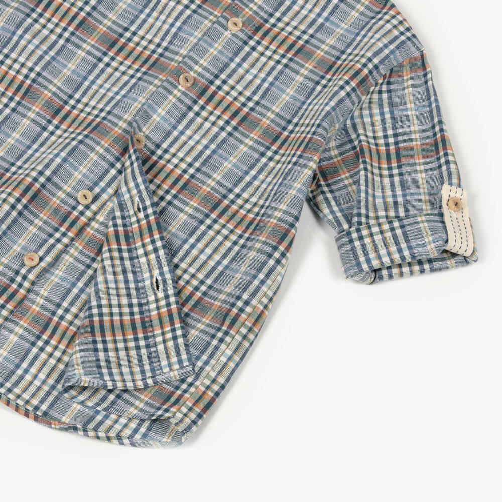 Laranjinha-Boys Blue & Ivory Check Cotton Collarless Shirt | Childrensalon