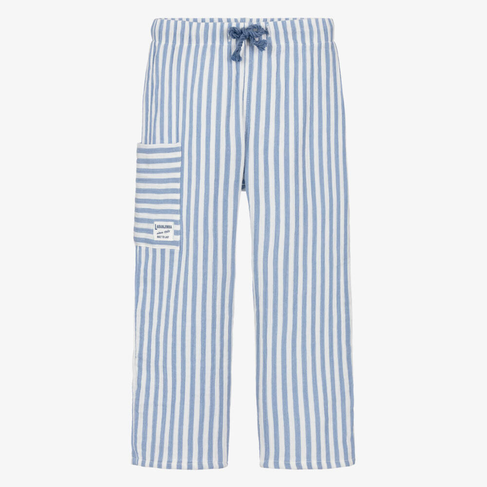 Laranjinha-Boys Blue Striped Cotton Drawstring Trousers | Childrensalon