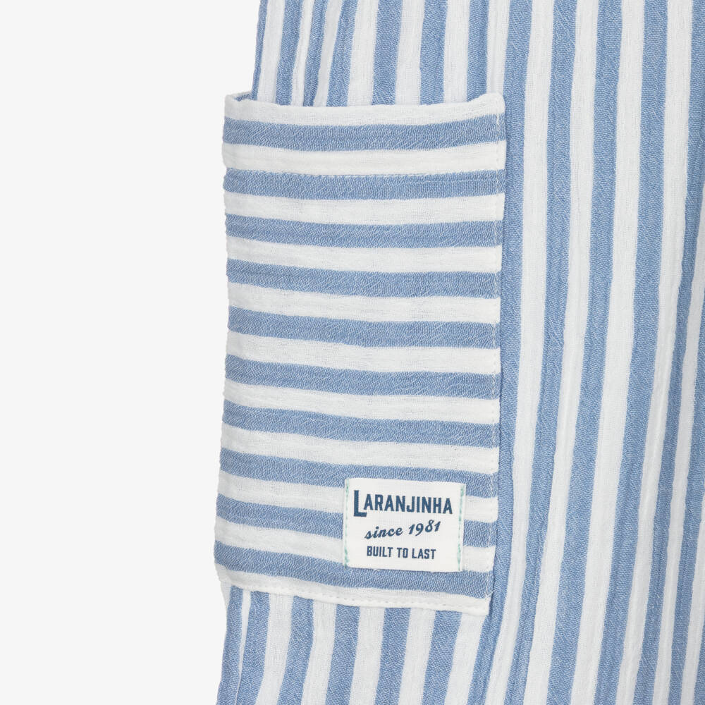 Laranjinha-Boys Blue Striped Cotton Drawstring Trousers | Childrensalon