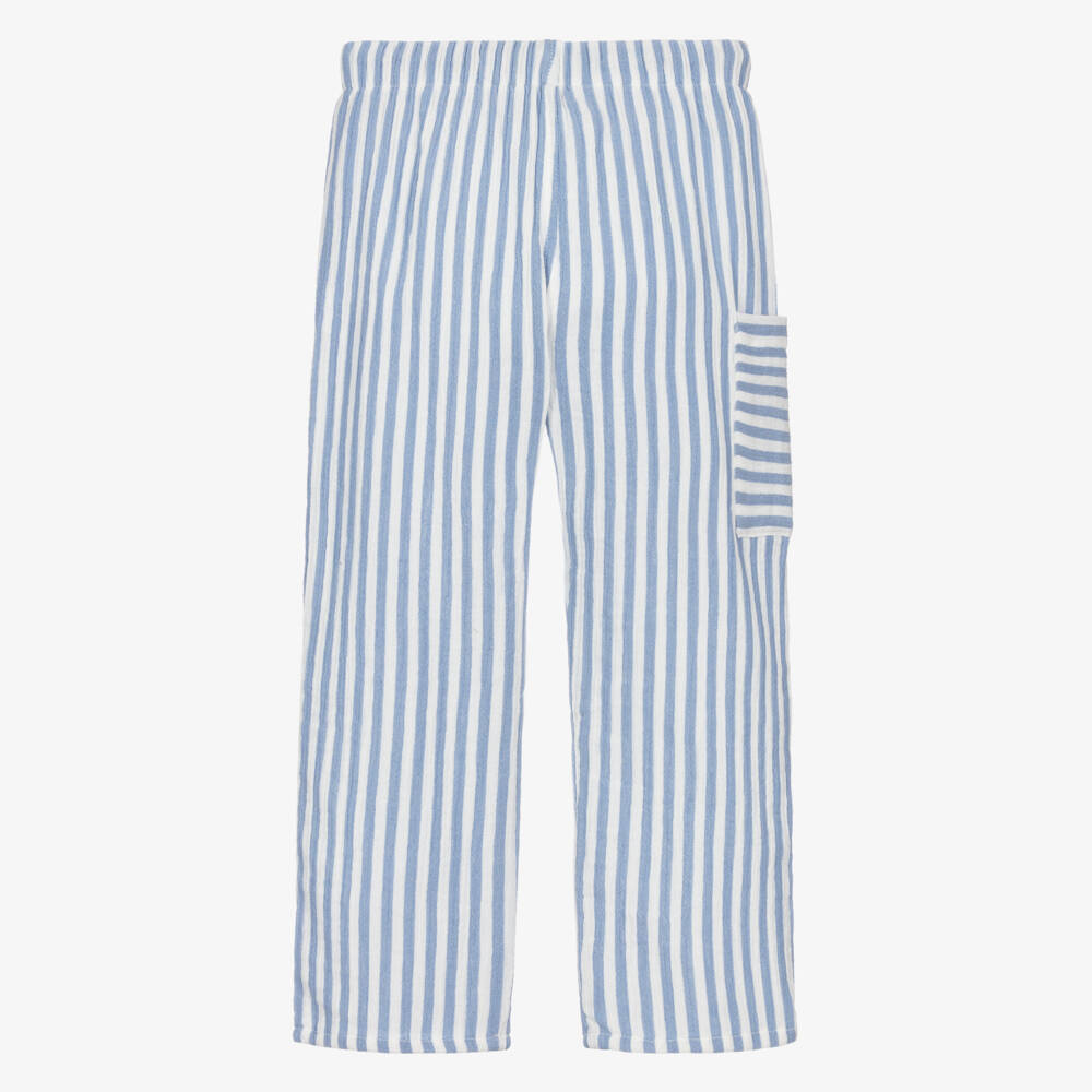 Laranjinha-Boys Blue Striped Cotton Drawstring Trousers | Childrensalon