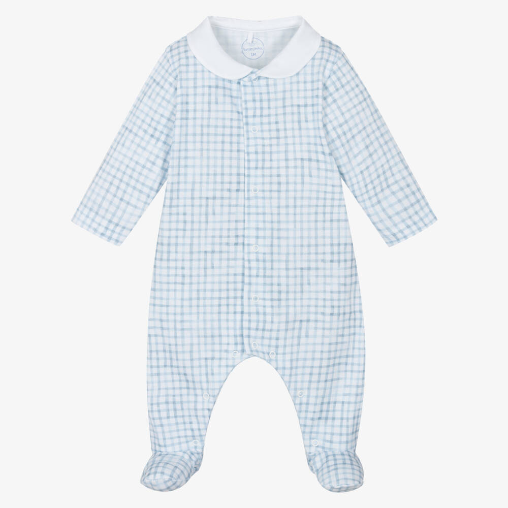 Laranjinha-Boys Blue & White Check Cotton Jersey Babygrow | Childrensalon