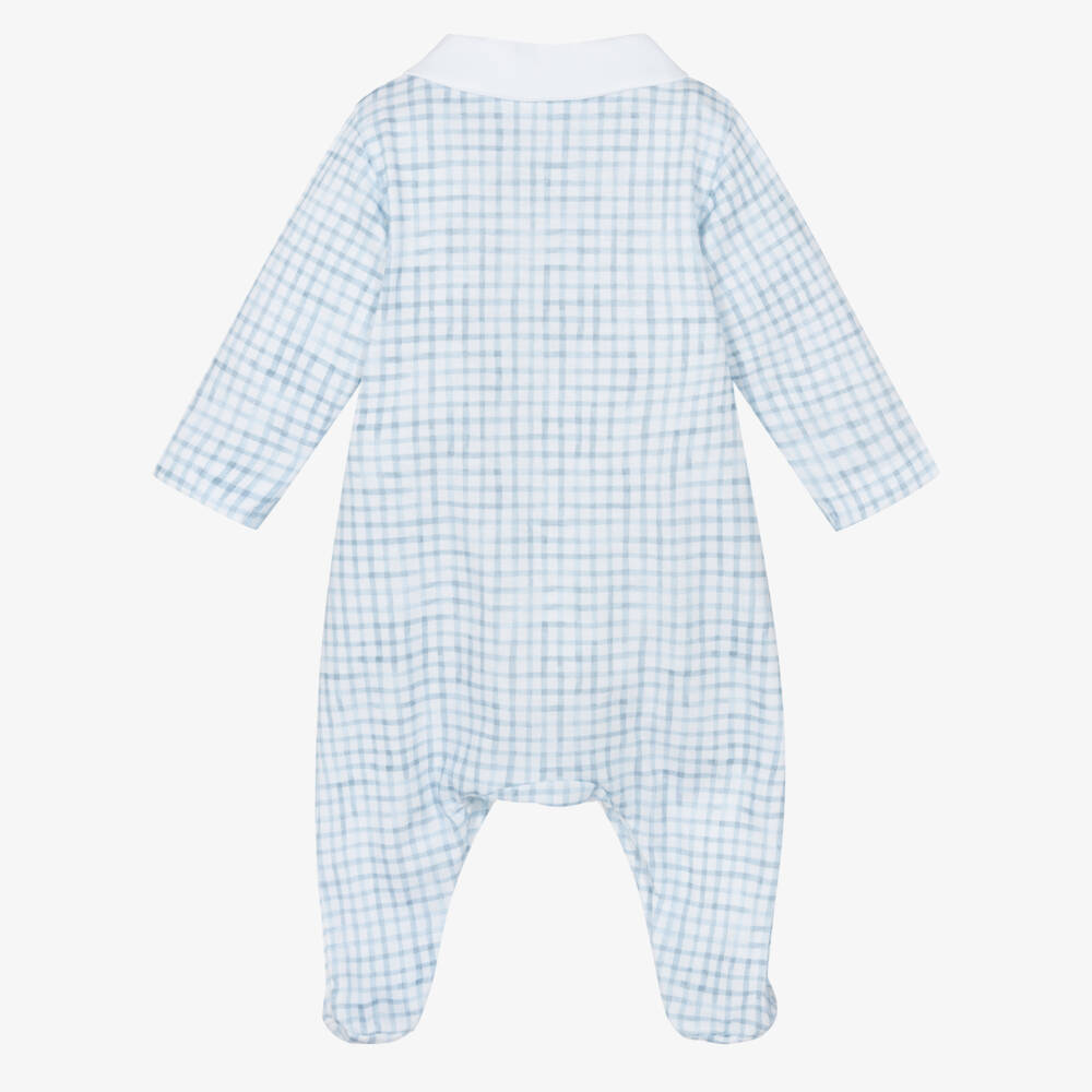 Laranjinha-Boys Blue & White Check Cotton Jersey Babygrow | Childrensalon