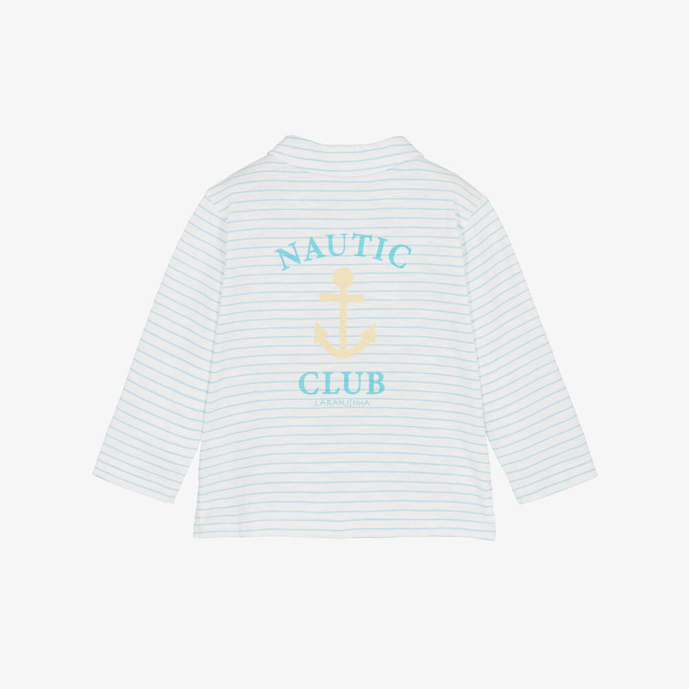 Laranjinha-Boys Blue & White Striped Cotton Long-Sleeved Polo Shirt | Childrensalon