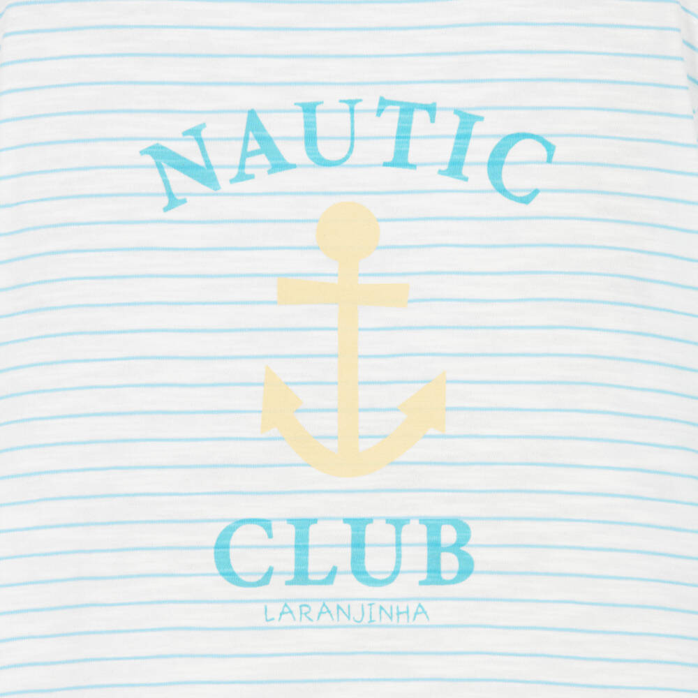 Laranjinha-Boys Blue & White Striped Cotton Long-Sleeved Polo Shirt | Childrensalon