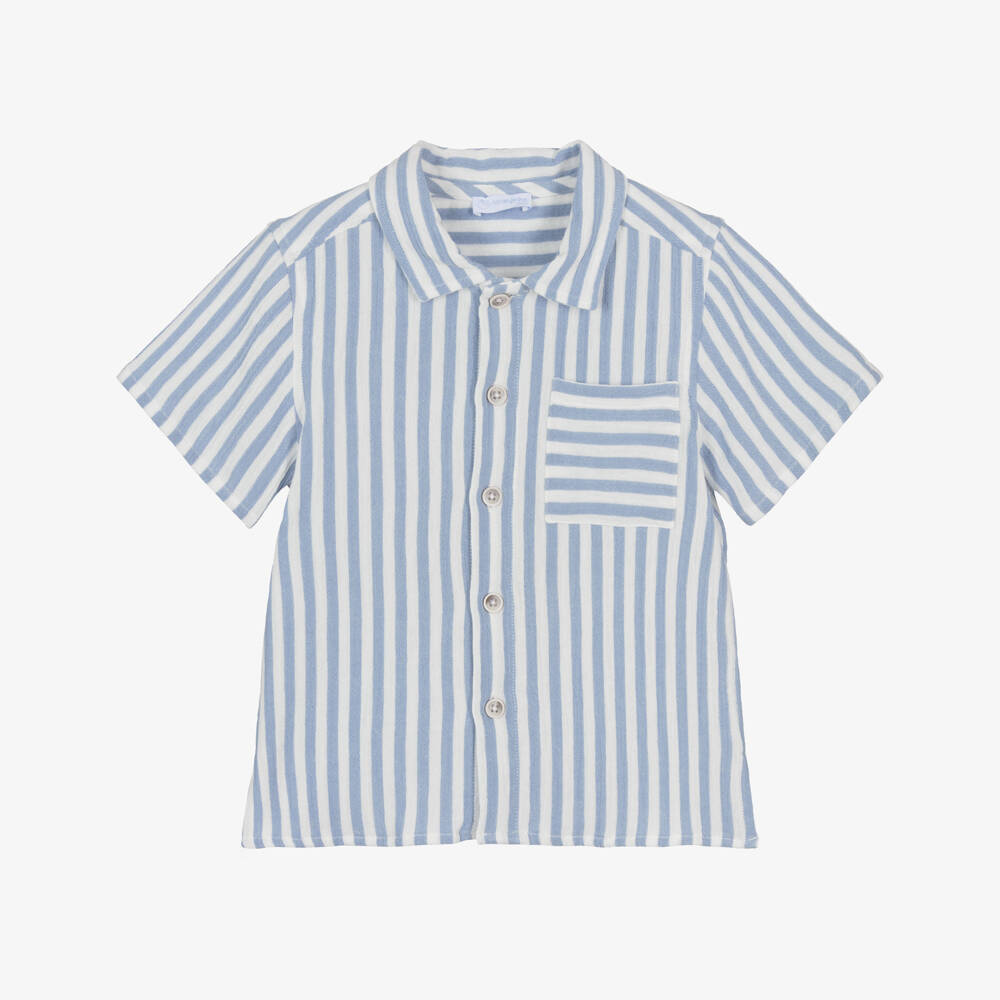 Laranjinha-Boys Blue & White Striped Cotton Short-Sleeve Shirt | Childrensalon