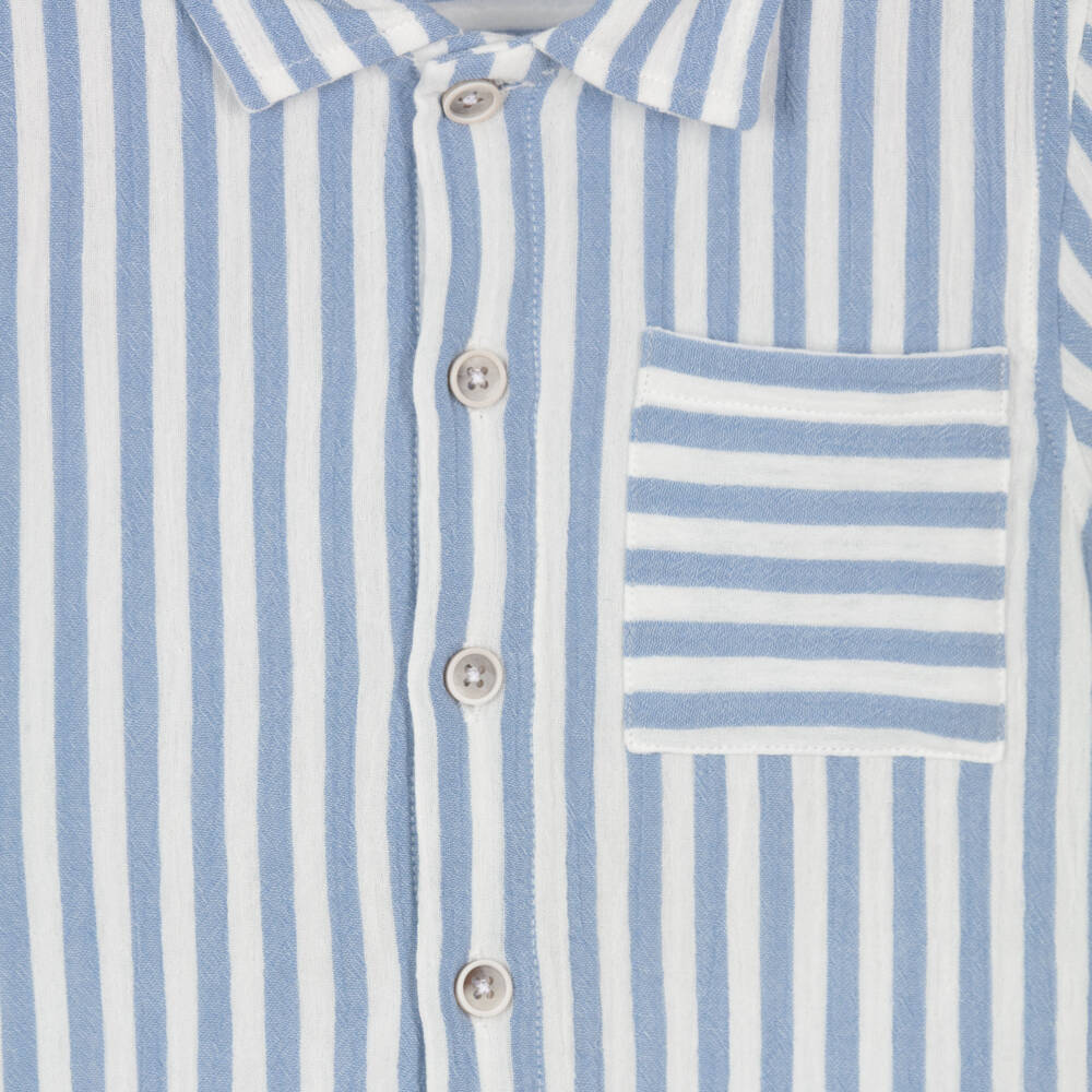 Laranjinha-Boys Blue & White Striped Cotton Short-Sleeve Shirt | Childrensalon