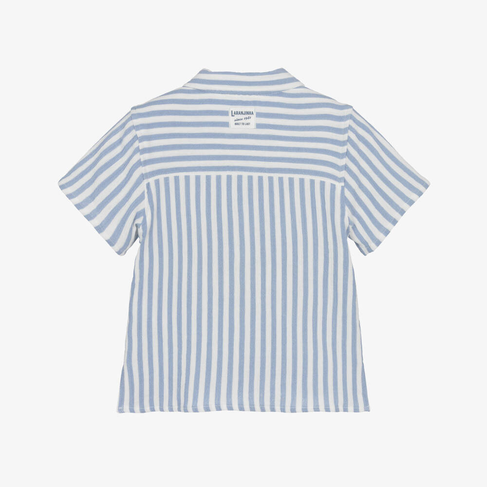Laranjinha-Boys Blue & White Striped Cotton Short-Sleeve Shirt | Childrensalon