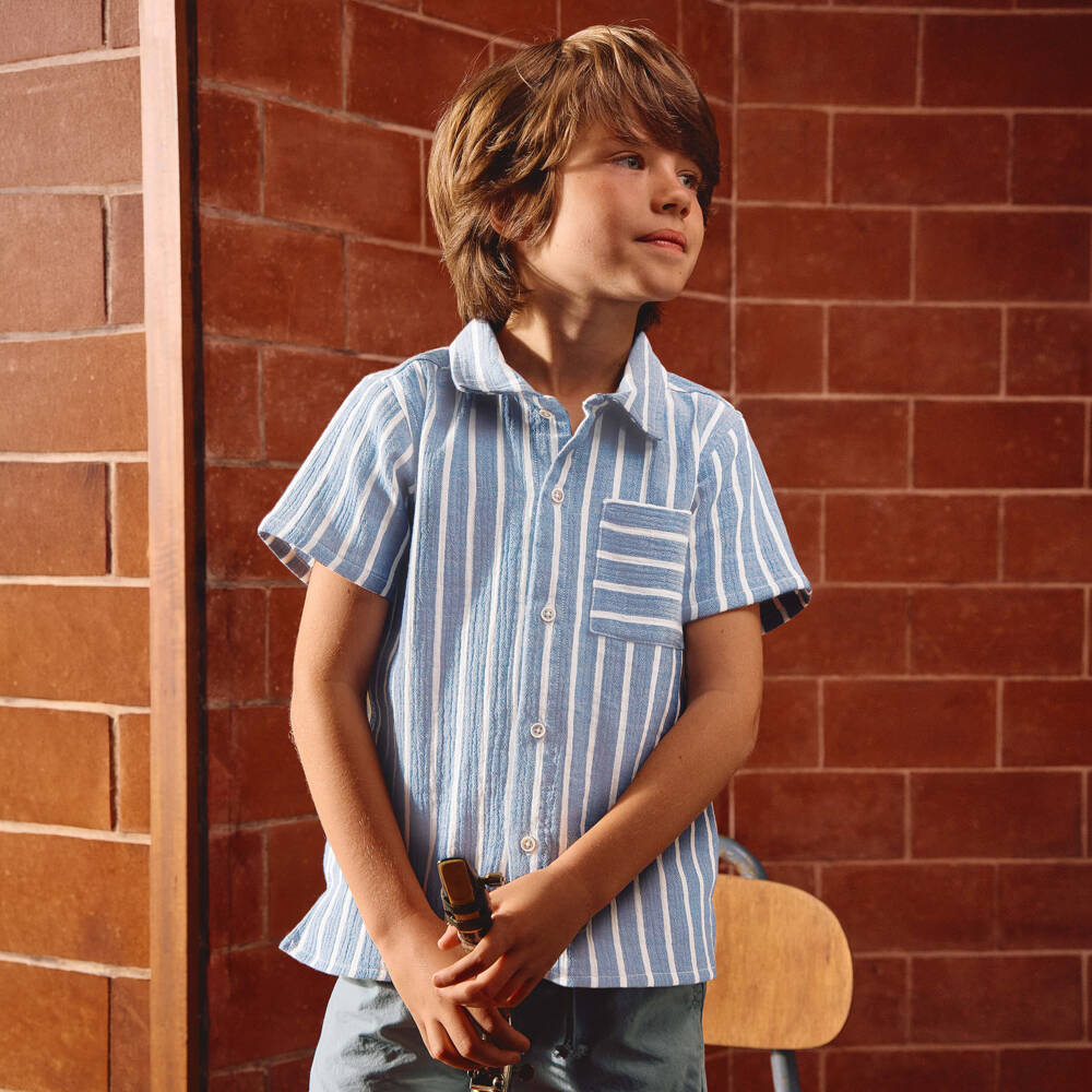 Laranjinha-Рубашка с коротким рукавом в сине-белую полоску для мальчиков | Childrensalon