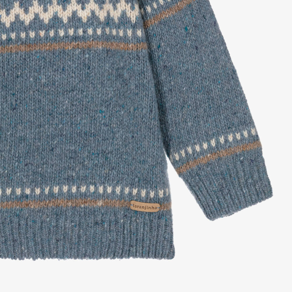 Laranjinha-Boys Blue Wool Knit Fair Isle Sweater | Childrensalon